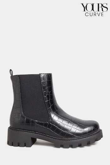 Yours Curve Black Wide Fit Chunky Chelsea Croc Effect Boots (N10311) | £45