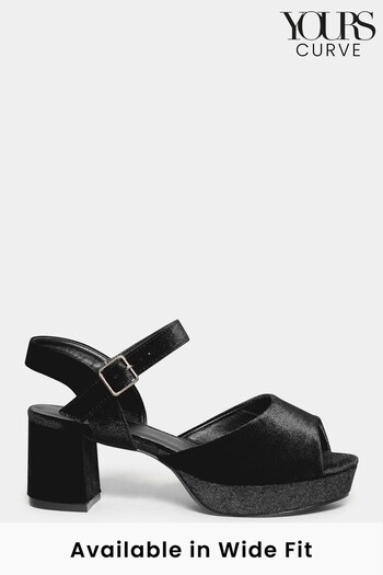 Yours Curve Black Wide Fit Velvet Peep Toe Platform Shoes (N10321) | £41