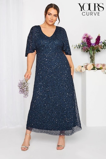 Yours Curve Blue Luxe Embellished V-Neck Angel Sleeve Maxi Dress (N10347) | £135