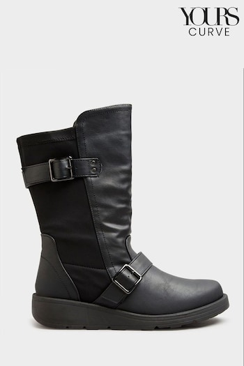 Yours Curve Black Wide Fit Low Wedge Buckle Boots Crewneck (N10349) | £45