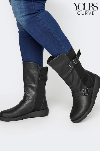 Yours Curve Black Extra Wide Fit Extra-Wide Fit Low Wedge Buckle Boots (N10350) | £45