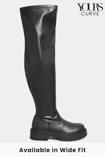 Yours Curve Black Wide Fit Over The Knee Chunky Cleated Boots (N10381) | £65