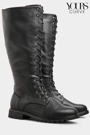 Yours Curve Black Wide Fit Faux Leather Lace-Up Knee High Boots (N10382) | £61