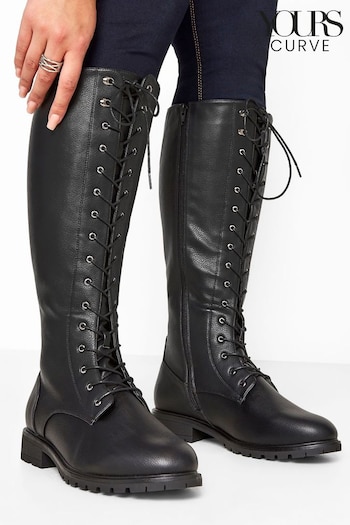 Yours Curve Black Extra Wide Fit Faux Leather Lace Up Knee High Boots (N10383) | £61