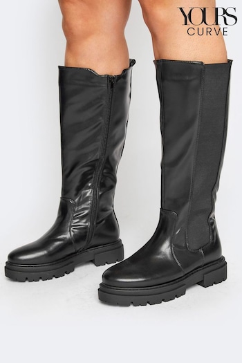Yours Curve Black Wide Fit Elastic Knee Cleated Boots (N10453) | £55