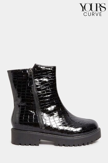 Yours Curve Black Extra Wide Fit Croc Effect Patent Side Zip Boots (N10455) | £50