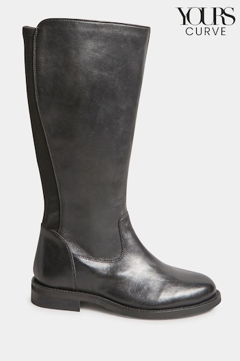 Yours Curve Black Wide Fit Leather Stretch Knee Fur Boots (N10519) | £95