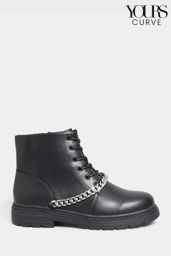 Yours Curve Black Wide Fit Chunky Chain Lace Up Boots (N10525) | £50