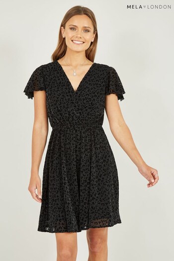 Mela Black Leopard Print Wrap Skater Dress (N10602) | £42