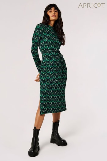 Apricot Green Geo Leaves Dress With Side Split (N10608) | £35