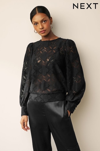 Black Lace Long Sleeve Blouse (N10835) | £35