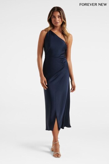 Forever New Blue Camo Shawna One Shoulder Satin Midi Dress (N10963) | £95