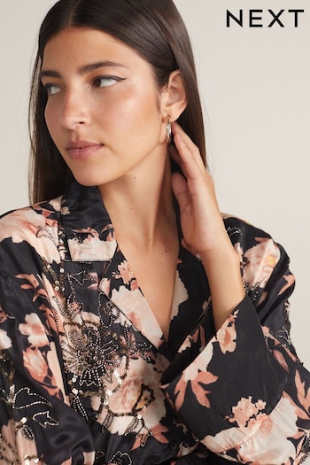 Black/Pink Sequin Floral Printed Long Sleeve Shirt (N11033) | £58