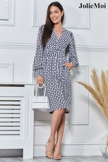 Jolie Moi Blue Print Long Sleeve Pegged Dress (N11072) | £60