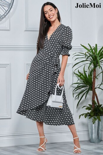 Jolie Moi Peyton Wrap Puff Sleeve Midi Black Dress (N11074) | £69