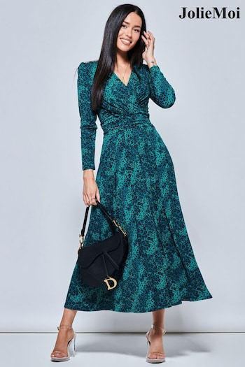 Jolie Moi Green Animal Print Long Sleeve Maxi Dress (N11084) | £95