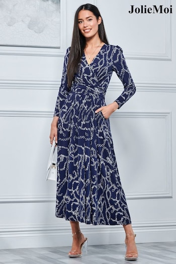 Jolie Moi Blue Chain Print Long Sleeve Maxi Dress (N11085) | £95