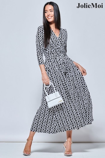 Jolie Moi Geometric Print Long Sleeve Maxi Black Dress (N11088) | £95
