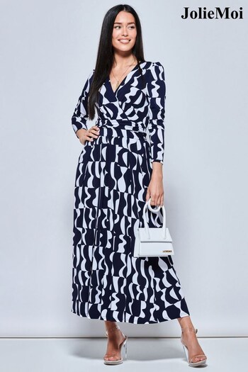Jolie Moi Blue Geometric Print Long Sleeve Maxi Dress (N11093) | £95