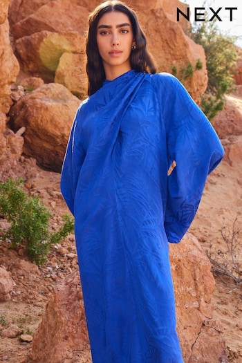 Cobalt Blue Twist High Neck Long Sleeve Jacqaurd Maxi Dress (N11103) | £80