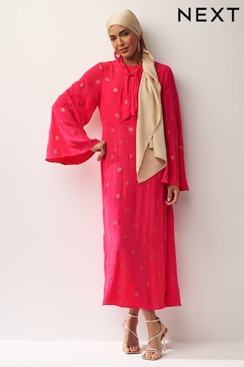 Bright Pink Long Sleeve Embellished Scarf Maxi Dress (N11104) | £98