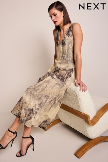 Brown Scenic Print Linen Blend V-Neck Midi Dress (N11105) | £48