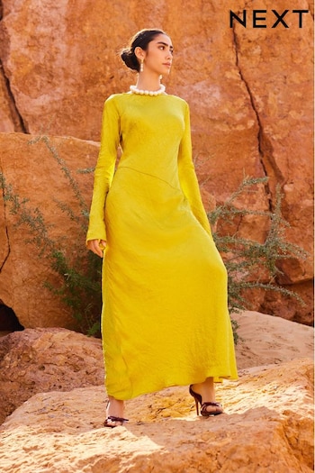 Ochre Yellow Maxi Long Sleeve Metallic Column Dress (N11108) | £75