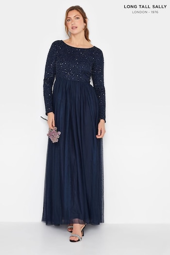 Long Tall Sally Blue Long Sleeve Beaded Maxi Dress (N11142) | £95