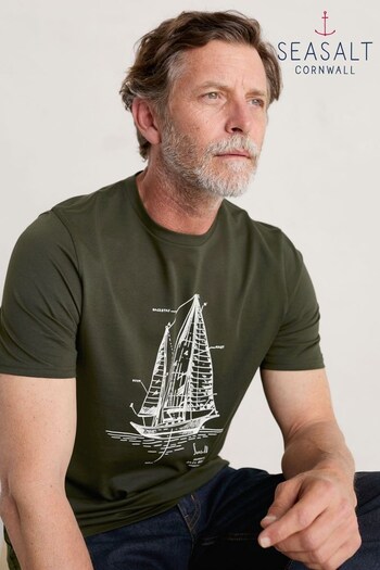 Seasalt Cornwall Green Mens Midwatch Organic Cotton T-Shirt (N11492) | £30