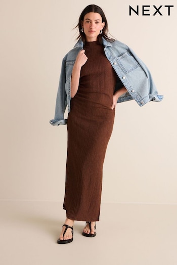 Rust Brown Textured Ruched High Neck Midi Dress (N11529) | £30