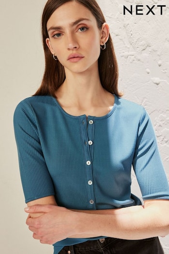 Teal Blue Ribbed Short Sleeve Premium Henley T-Shirt (N11541) | £35
