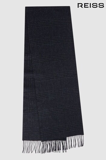 Reiss Navy Duncan Wool-Cashmere Herringbone Check Scarf (N11578) | £68