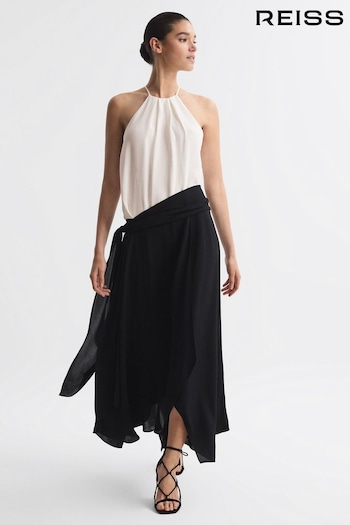 Reiss Cream/Black Natalia Asymmetric Belted Wrap Midi Dress (N11626) | £268