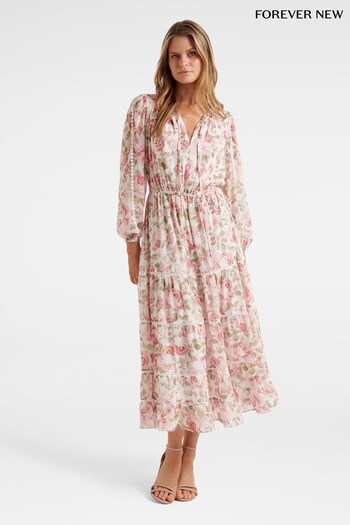 Forever New White Bridget Tiered Lace Trim Midi Dress (N11684) | £110