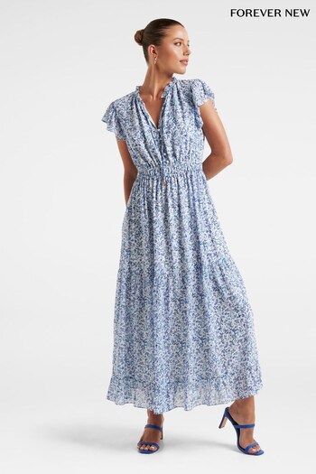 Forever New Blue Fleur Flutter Sleeve Midi Dress (N11714) | £100