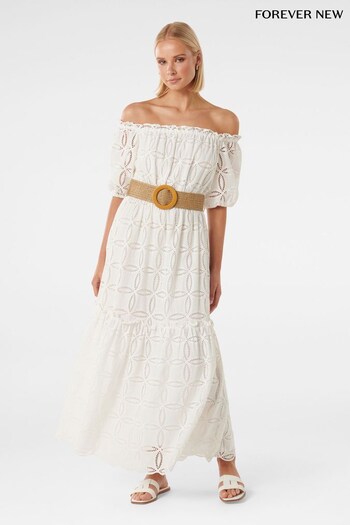Forever New White Beth Broderie Off Shoulder Dress (N11742) | £115