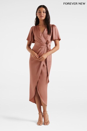 Forever New Pink Carolina Satin Flutter Sleeve Midi Dress (N11837) | £95