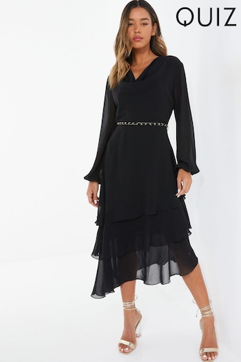 Quiz Black Chiffon Cowl Neck Long Sleeve Tiered Black Dress (N11962) | £48
