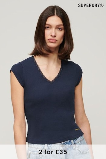 Superdry Blue Essential Lace Trim V Neck T-Shirt (N12033) | £23