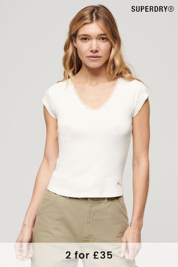 Superdry White Essential Lace Trim V-Neck T-Shirt (N12034) | £23