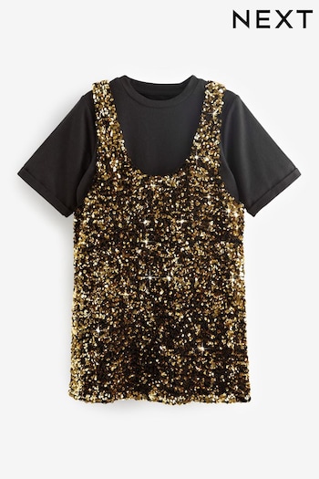 Gold Sequin Pinafore Dress With Black T-Shirt (3-16yrs) (N12247) | £30 - £36