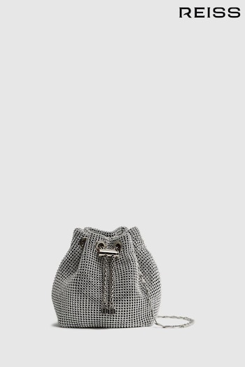 Reiss Silver Demi Crystal Mini Bucket print Bag (N12403) | £148