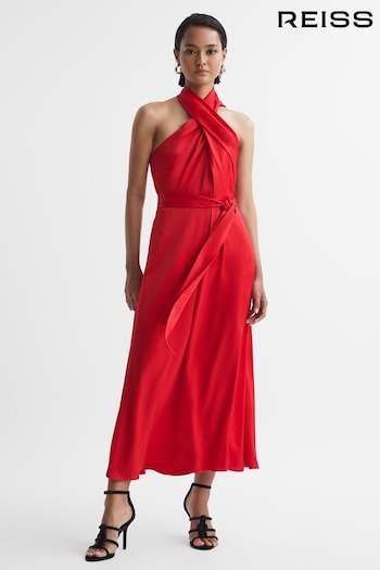 Reiss Red Vida Satin Halter Neck Fitted Midi Dress (N12420) | £268