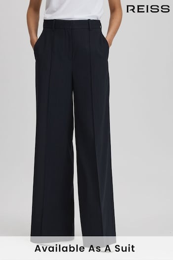 Reiss Navy Willow Wool Blend Wide Leg Pinstripe Trousers (N12422) | £198