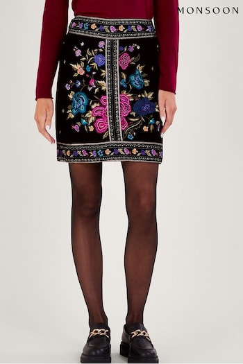 Monsoon Freya Embroidered Velvet Black Skirt (N12523) | £75