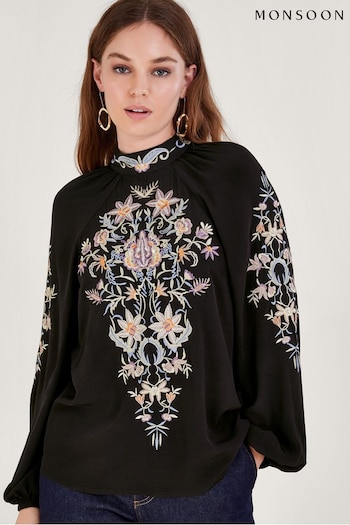 Monsoon Farah Floral Embroidered Black Blouse (N12532) | £70