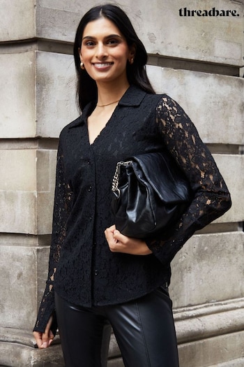Threadbare Black Fitted Lace Button Down Blouse (N12628) | £32