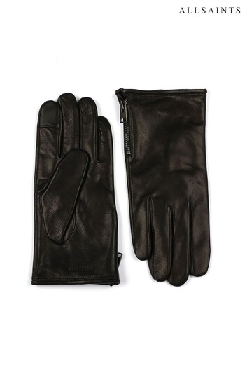 AllSaints Two Btl Zip Leather Black Gloves (N12648) | £95