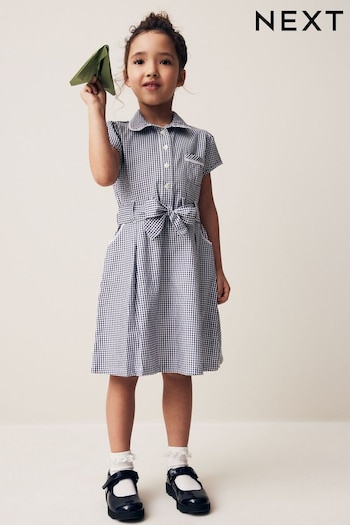 Navy Blue Cotton Rich Belted Gingham School Dress With Scrunchie (3-14yrs) (N12651) | £9 - £12