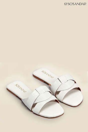 Sosandar White Croc Effect Leather Cross Strap Flat Mule White Sandals (N12687) | £39